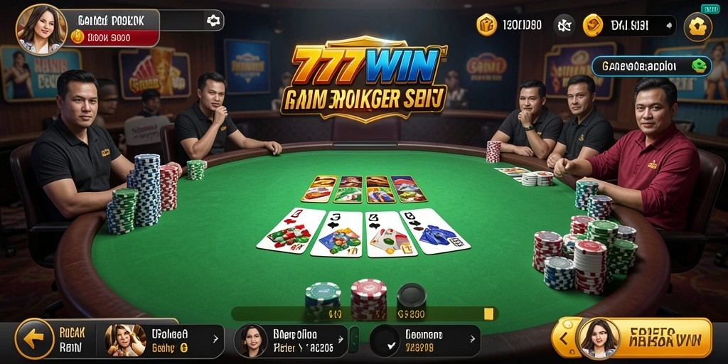 Screenshot permainan Poker 777WIN menampilkan pemain yang sedang bersaing.