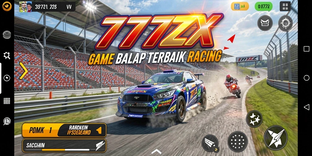 Tangkapan layar utama 777ZX yang menampilkan aksi balapan yang intens.