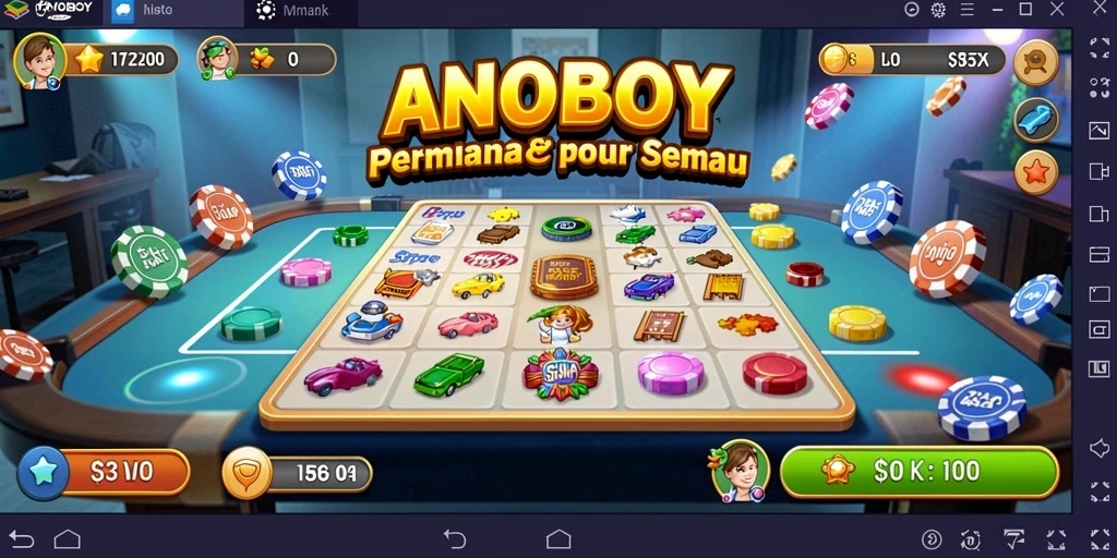 Tampilan antarmuka ANOBOY yang menarik dan gameplay Bingo yang seru.
