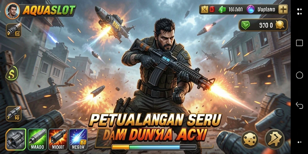 Screenshot menunjukkan aksi mendebarkan dalam AQUASLOT dengan karakter berjuang.