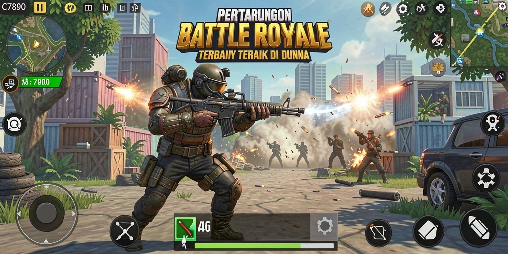 Screenshot C7890 menampilkan aksi pertempuran intens di arena Battle Royale.