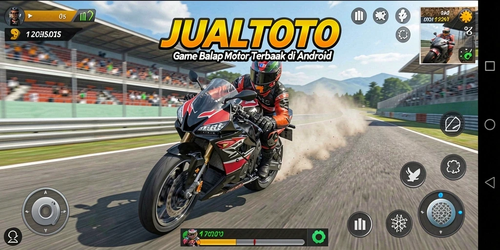 Tampilan gameplay seru dari JUALTOTO saat motor melaju di lintasan balap.
