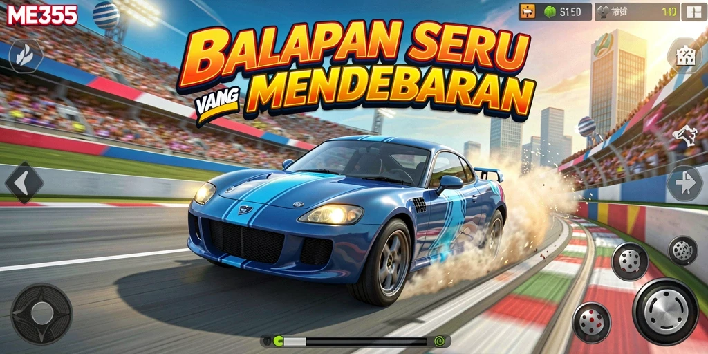 Tampilan gameplay utama ME355 menampilkan aksi balapan yang mendebarkan.