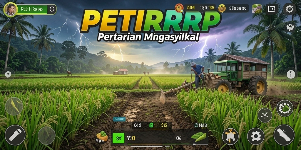 Tangkapan layar utama <strong>PETIRRP</strong> menampilkan pemain yang merawat ladang pertanian.