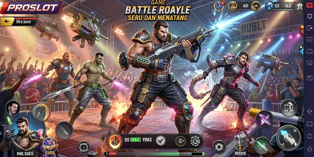 Tangkapan layar gameplay <strong>PROSLOT</strong> menampilkan pertempuran intens di arena Battle Royale.